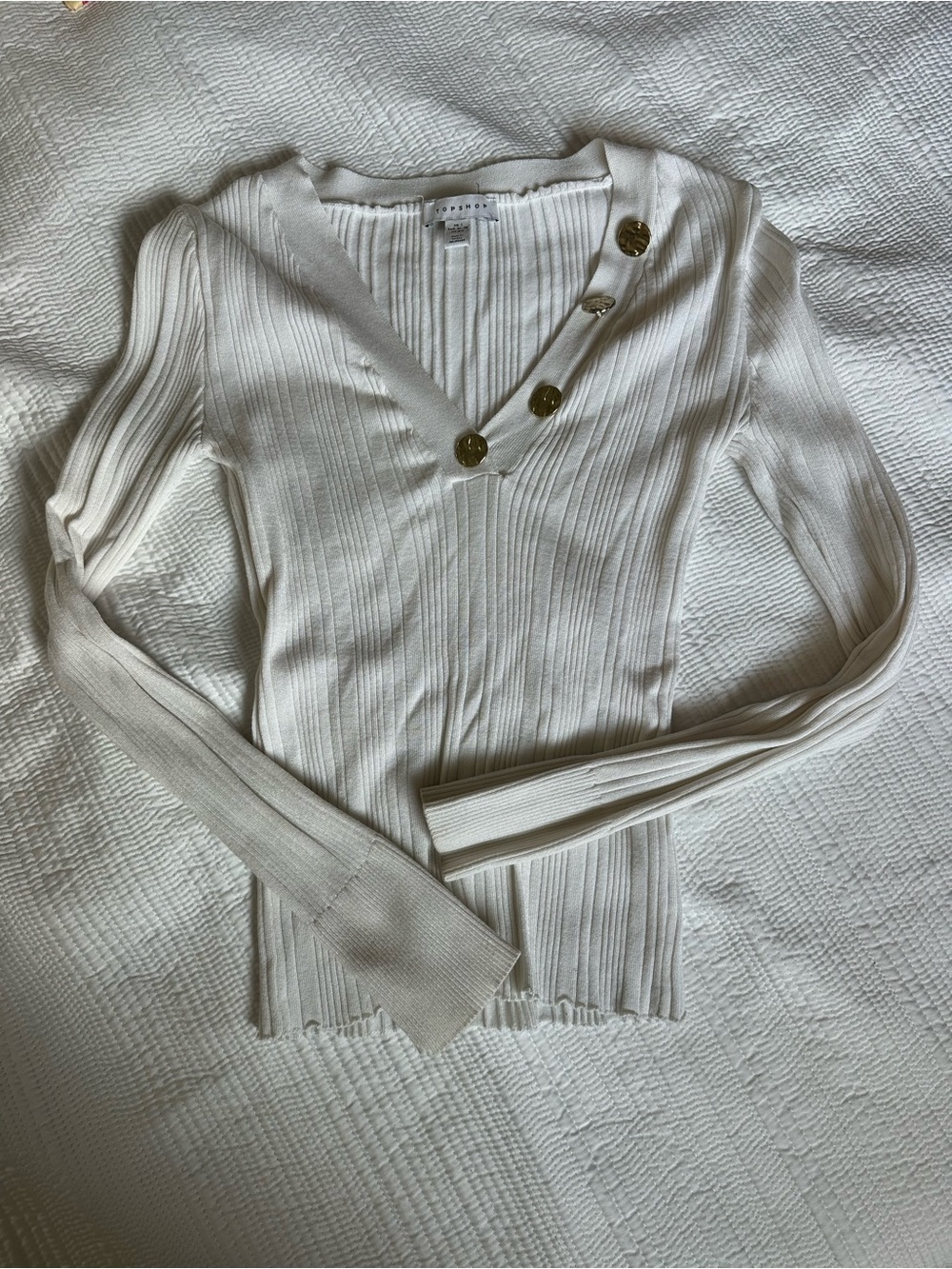 Topshop Cream Ribbed V-Neck Top with Gold Buttons